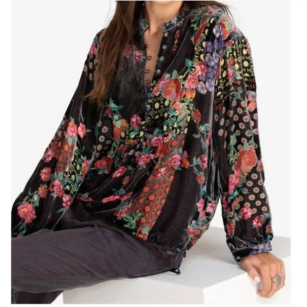 Johnny Was Blouse Womens XXS Grey Rose Patchwork Velvet Silk Burnout Boho Chic